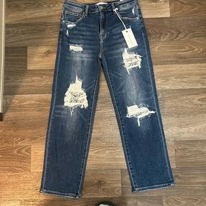 Risen tapered Sequined Distressed Jeans